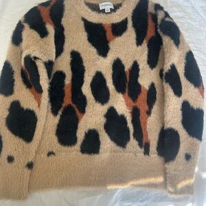 Evereve Fuzzy Crewneck Sweater in Camel with Black and Rust Spots